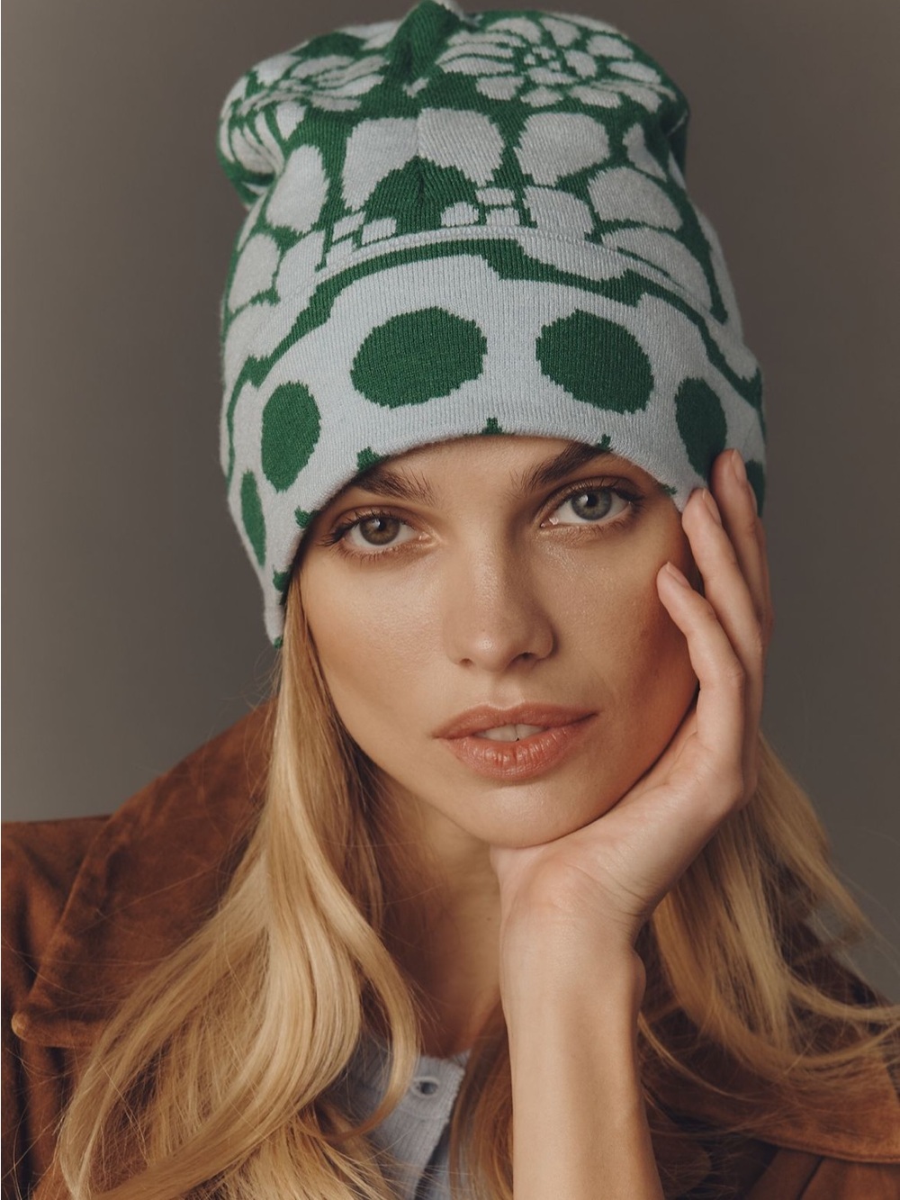 FARM Rio Abstract Knit Beanie in Blue & Green Floral Design NWT